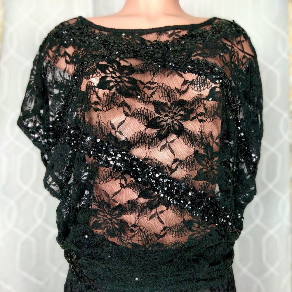 Guess Lose Angeles Black Lace Sequin & Rhinestone Sheer Top size S